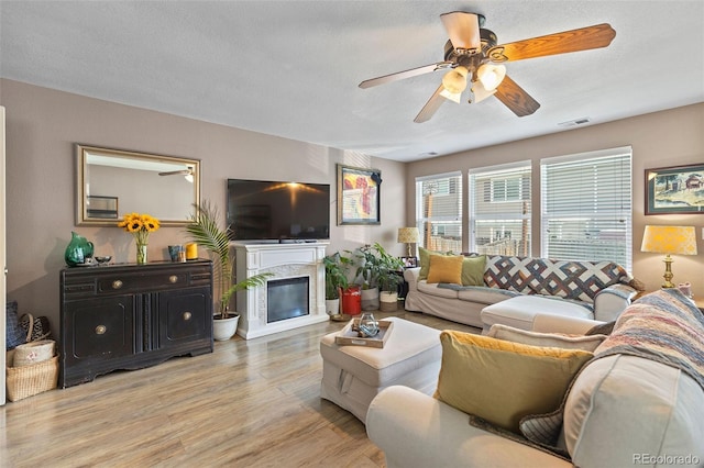 11062 Gaylord St, Northglenn, CO 80233 - living room featuring light wood finished floors, ceiling fan, and a glass covered fireplace