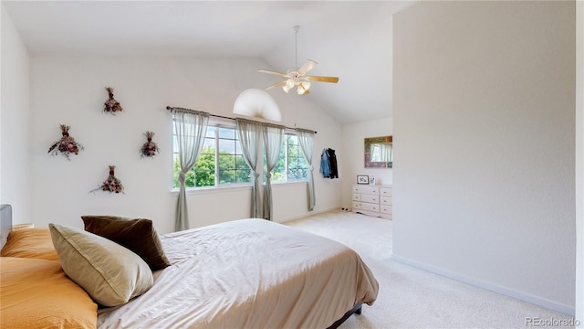 2560 Concord Cir, Lafayette, CO 80026 - bedroom with light colored carpet, ceiling fan, and high vaulted ceiling