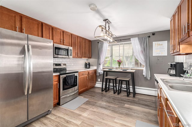 kitchen with tasteful backsplash, pendant lighting, sink, appliances with stainless steel finishes, and a baseboard radiator