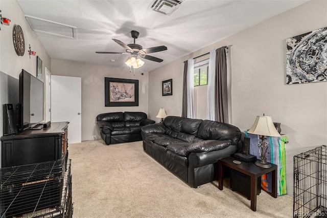 living room featuring ceiling fan and light colored carpet