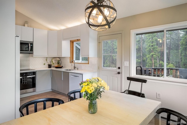 1194 Camp Eden Rd, Golden, CO 80403 - kitchen featuring stainless steel appliances, a sink, light countertops, backsplash, and lofted ceiling