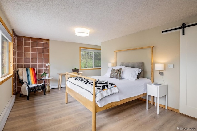 1194 Camp Eden Rd, Golden, CO 80403 - bedroom featuring a baseboard heating unit, a barn door, wood finished floors, a textured ceiling, and baseboards