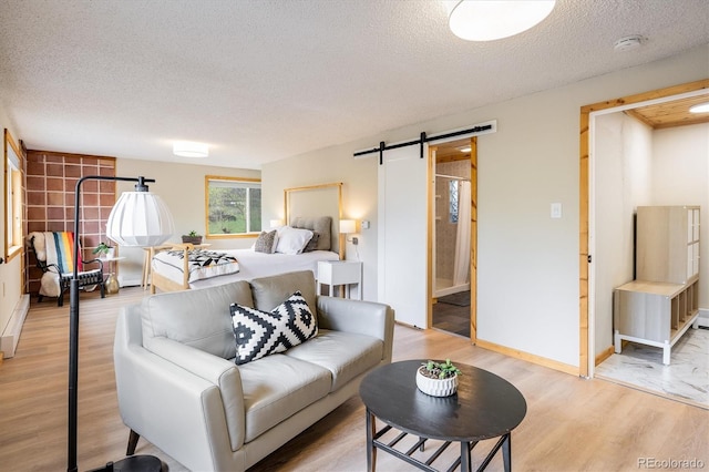 1194 Camp Eden Rd, Golden, CO 80403 - bedroom featuring a barn door, a textured ceiling, light wood-style flooring, baseboards, and a baseboard heating unit