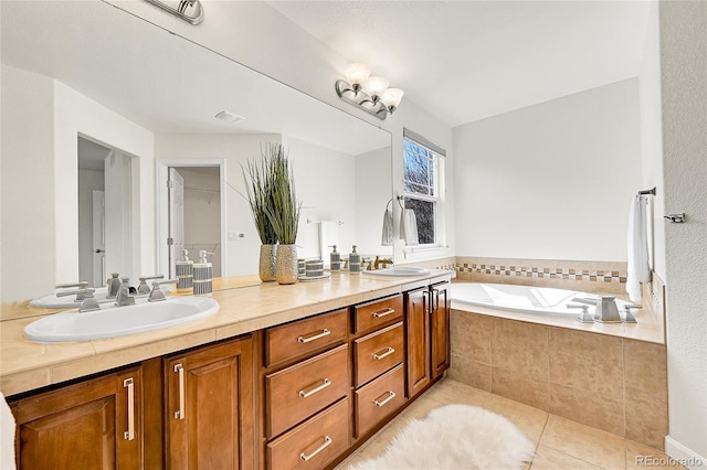 full bath featuring tile patterned flooring, a sink, double vanity, and a bath