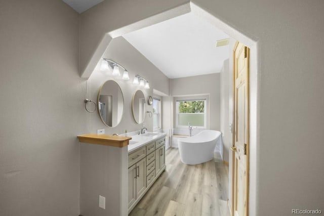 32501 E 137th Way, Brighton, CO 80603 - full bathroom featuring wood finished floors, double vanity, and a soaking tub