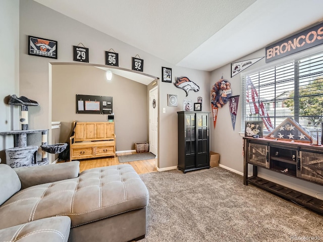 living room with a textured ceiling, carpet, and vaulted ceiling