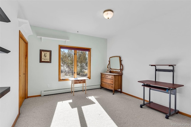 misc room with light colored carpet and baseboard heating