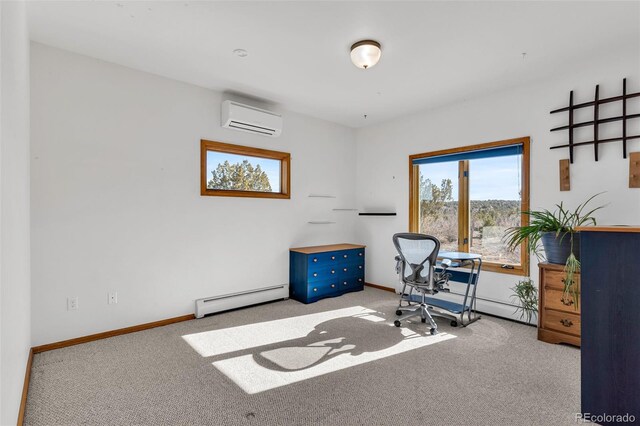 carpeted office featuring a wall unit AC and a baseboard radiator