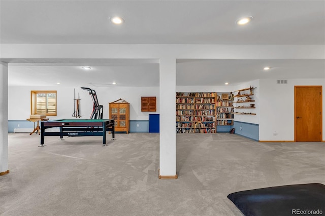 game room with light colored carpet