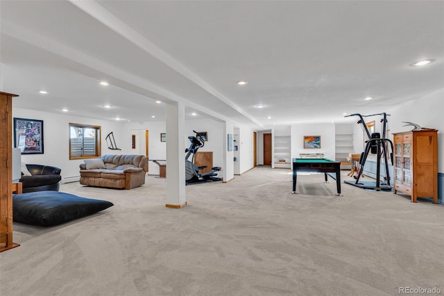 recreation room featuring light colored carpet