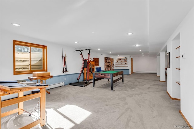 game room featuring light colored carpet, billiards, and a baseboard radiator