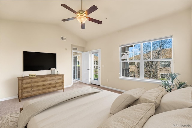 6202 Kilmer Loop Unit 202, Golden, CO 80403 - bedroom with carpet flooring, lofted ceiling, baseboards, access to exterior, and a ceiling fan