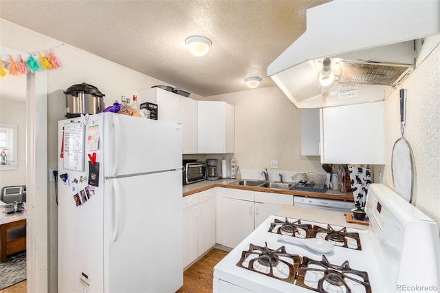 kitchen featuring white cabinets, white appliances, light hardwood / wood-style flooring, and sink