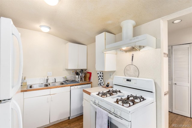 kitchen with white appliances, sink, light hardwood / wood-style flooring, white cabinets, and range hood