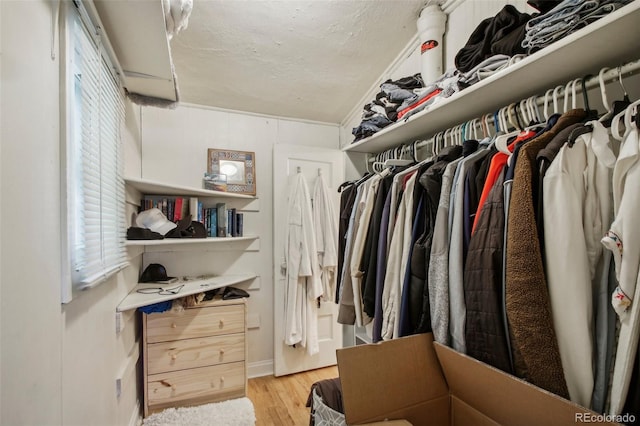 walk in closet with light hardwood / wood-style flooring