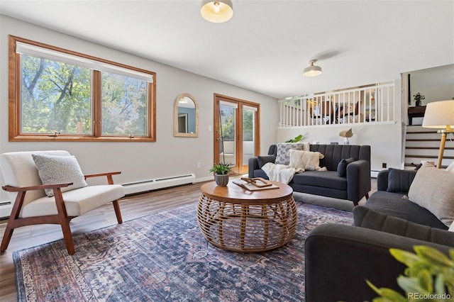 1931 Foothills Rd, Golden, CO 80401 - living room featuring a baseboard heating unit and wood finished floors