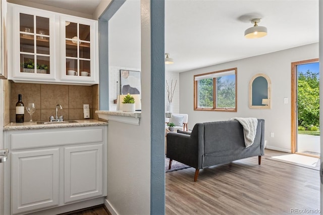 1931 Foothills Rd, Golden, CO 80401 - indoor wet bar featuring decorative backsplash, light wood-style flooring, healthy amount of natural light, and baseboards