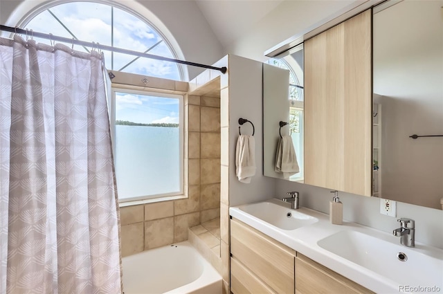 220 Wark Ave, Berthoud, CO 80513 - full bathroom featuring shower / bath combo and double vanity
