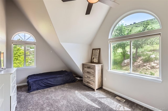 220 Wark Ave, Berthoud, CO 80513 - bedroom featuring carpet floors, vaulted ceiling, baseboards, and a ceiling fan