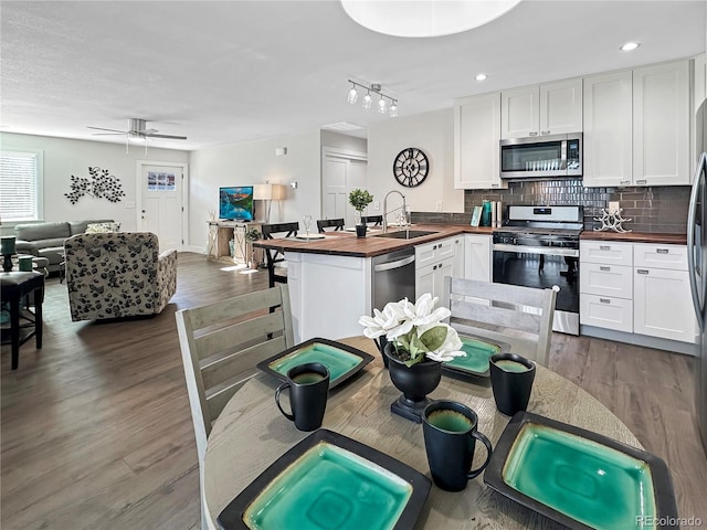 kitchen featuring tasteful backsplash, open floor plan, butcher block counters, stainless steel appliances, and a sink