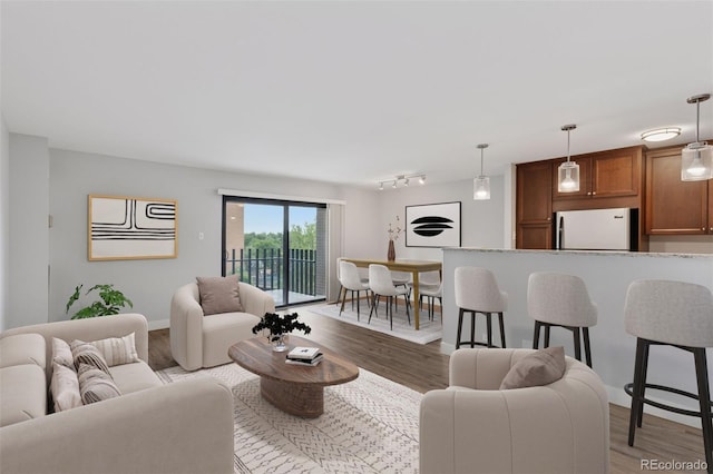 480 S Marion Pkwy Unit 802, Denver, CO 80209 - living area featuring wood finished floors, track lighting, and baseboards
