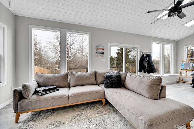 living room featuring hardwood / wood-style floors, ceiling fan, wood ceiling, and vaulted ceiling