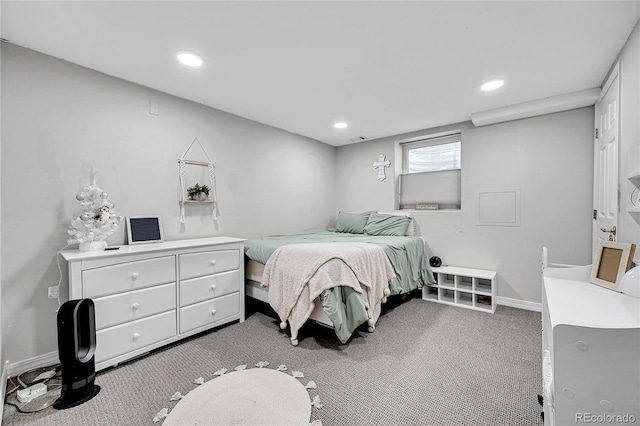 bedroom with light colored carpet