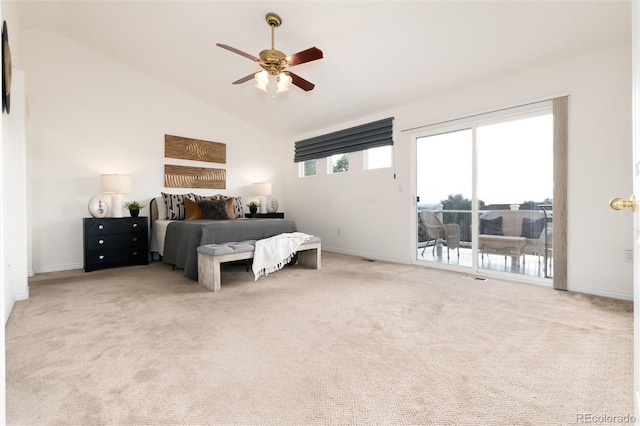 carpeted bedroom with access to exterior, high vaulted ceiling, and ceiling fan