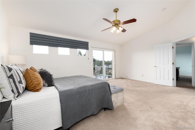 bedroom featuring carpet floors, access to outside, ceiling fan, and lofted ceiling