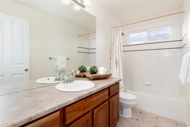 full bathroom with vanity, toilet, and shower / bathtub combination with curtain