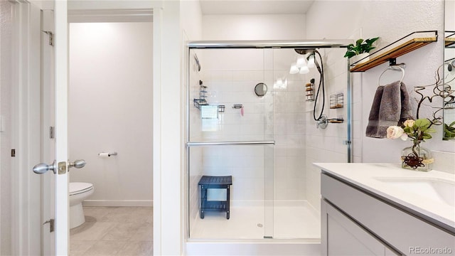 13488 Wabash St, Thornton, CO 80602 - full bathroom with a shower stall, toilet, vanity, and tile patterned floors