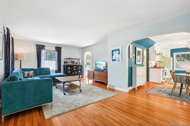 1100 W Mulberry St, Fort Collins, CO 80521 - living area featuring plenty of natural light, arched walkways, light wood finished floors, and visible vents