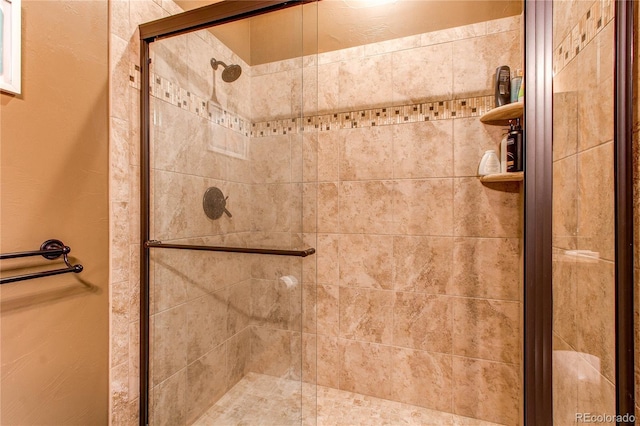 bathroom featuring a shower with shower door