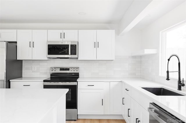 kitchen featuring stainless steel appliances, a sink, white cabinets, and tasteful backsplash