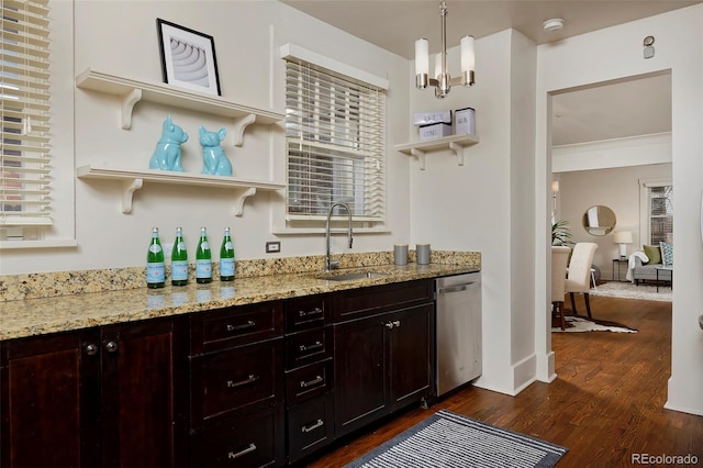 kitchen with a sink, stainless steel dishwasher, light stone countertops, open shelves, and dark wood finished floors