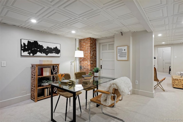 office with recessed lighting, light colored carpet, an ornate ceiling, and baseboards