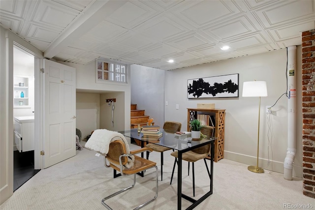 dining area with stairs, baseboards, and light colored carpet