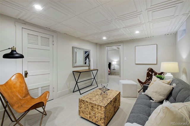 living room with light carpet, baseboards, and recessed lighting