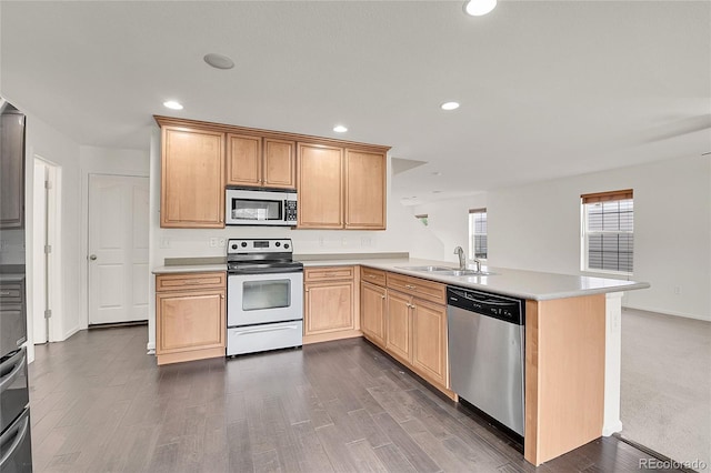 kitchen featuring kitchen peninsula, appliances with stainless steel finishes, sink, and dark hardwood / wood-style flooring