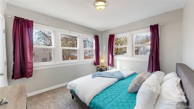 bedroom with carpet floors, multiple windows, and baseboards