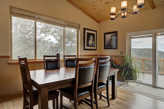 114 Star Ln, Bailey, CO 80421 - dining space featuring wood ceiling, light wood-style flooring, vaulted ceiling, a chandelier, and baseboards