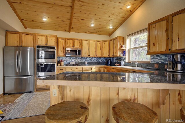114 Star Ln, Bailey, CO 80421 - kitchen featuring stainless steel appliances, tasteful backsplash, a peninsula, lofted ceiling, and a breakfast bar