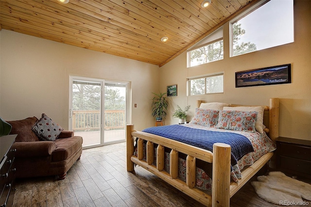 114 Star Ln, Bailey, CO 80421 - bedroom featuring access to exterior, wood ceiling, recessed lighting, wood finished floors, and high vaulted ceiling