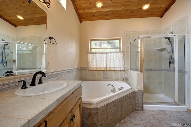 114 Star Ln, Bailey, CO 80421 - full bathroom with wooden ceiling, a stall shower, recessed lighting, a bath, and tile patterned flooring