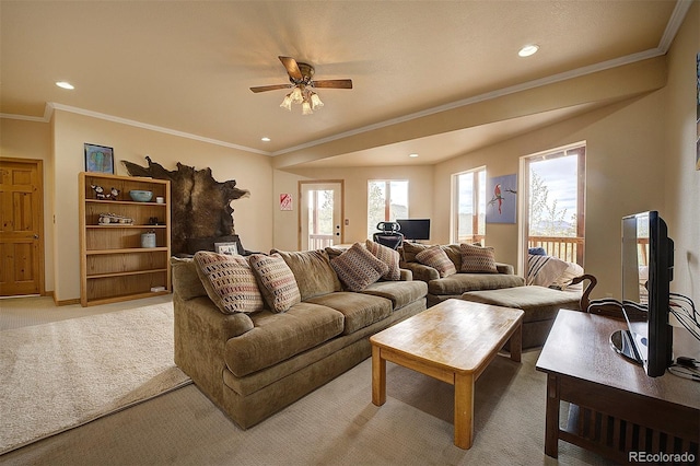 114 Star Ln, Bailey, CO 80421 - carpeted living room featuring a ceiling fan, recessed lighting, ornamental molding, and a desk