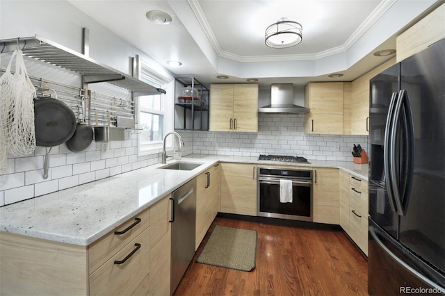 103 Aurelia St, Palmer Lake, CO 80133 - kitchen featuring stainless steel appliances, light brown cabinets, wall chimney exhaust hood, dark wood-type flooring, and ornamental molding