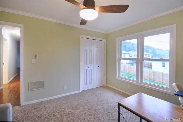103 Aurelia St, Palmer Lake, CO 80133 - office featuring ornamental molding, ceiling fan, and carpet