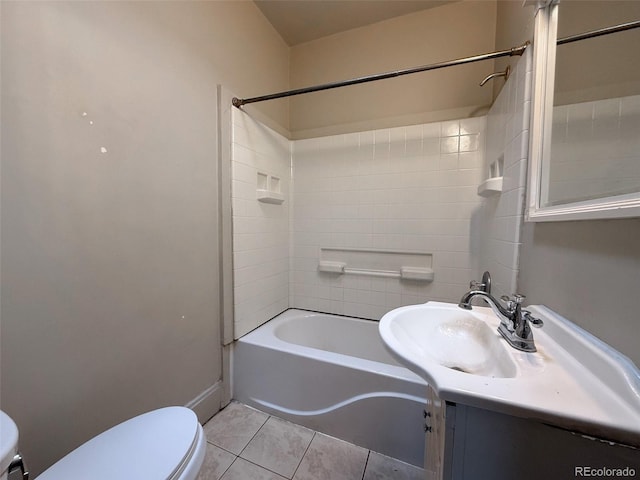 full bath with tile patterned floors, toilet, vanity, and shower / bathing tub combination