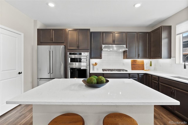 138 Lullaby Ln, Castle Rock, CO 80109 - kitchen featuring stainless steel appliances, under cabinet range hood, a sink, dark wood-type flooring, and recessed lighting