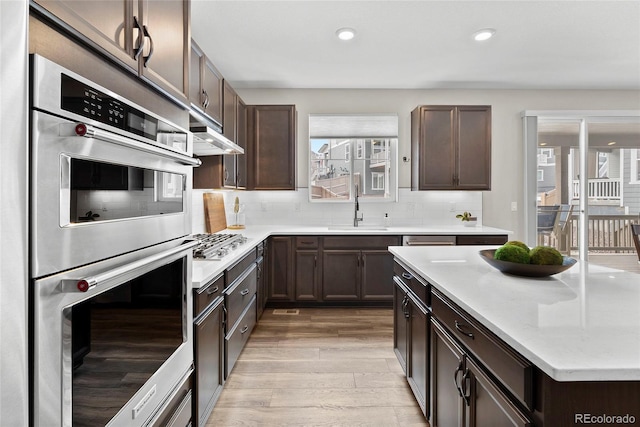138 Lullaby Ln, Castle Rock, CO 80109 - kitchen with stainless steel appliances, under cabinet range hood, a sink, light wood-style floors, and dark brown cabinetry